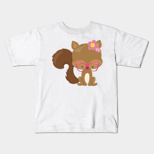 Hipster Squirrel, Squirrel With Glasses, Flowers Kids T-Shirt